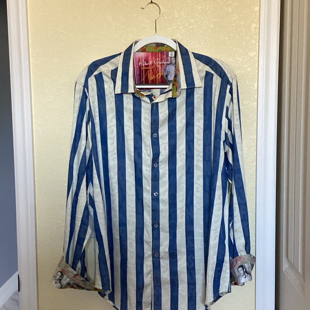 Beach Boys Robert Graham Blue and White Tribute to Mike Love Autographed Shirt